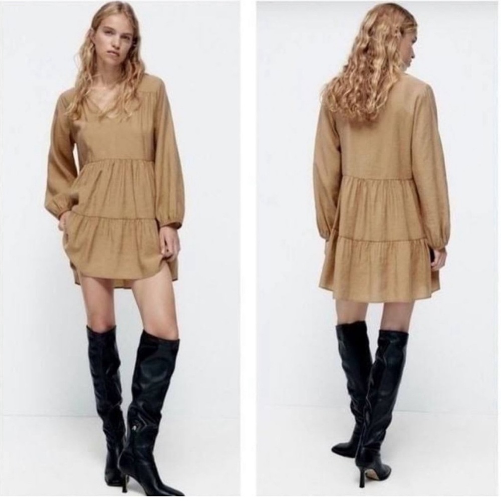 Zara Brown Tiered Long Sleeve Babydoll Mini Dress Size Medium